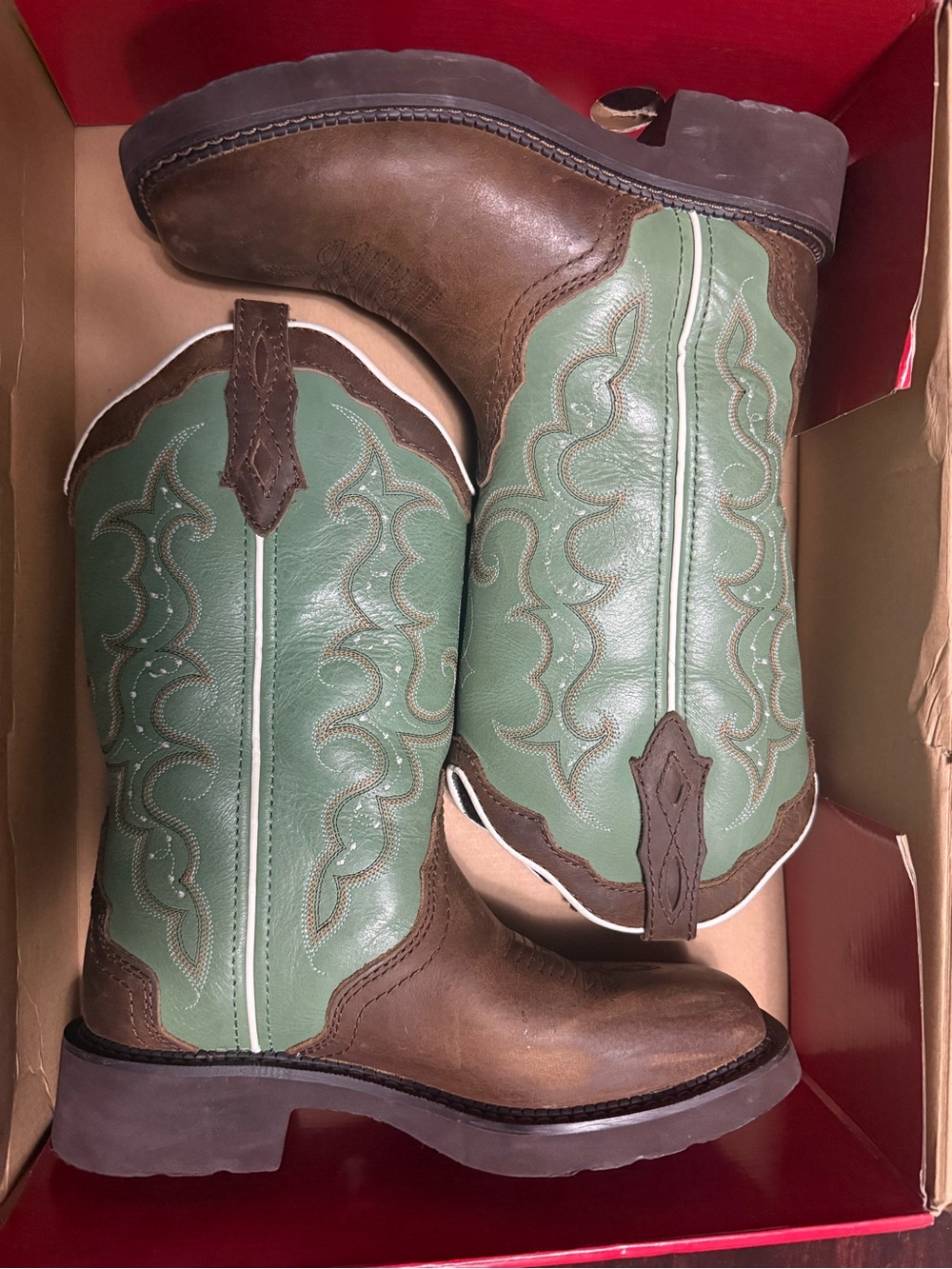 Justin Boots Brown & Green Heeled Western Work Boots